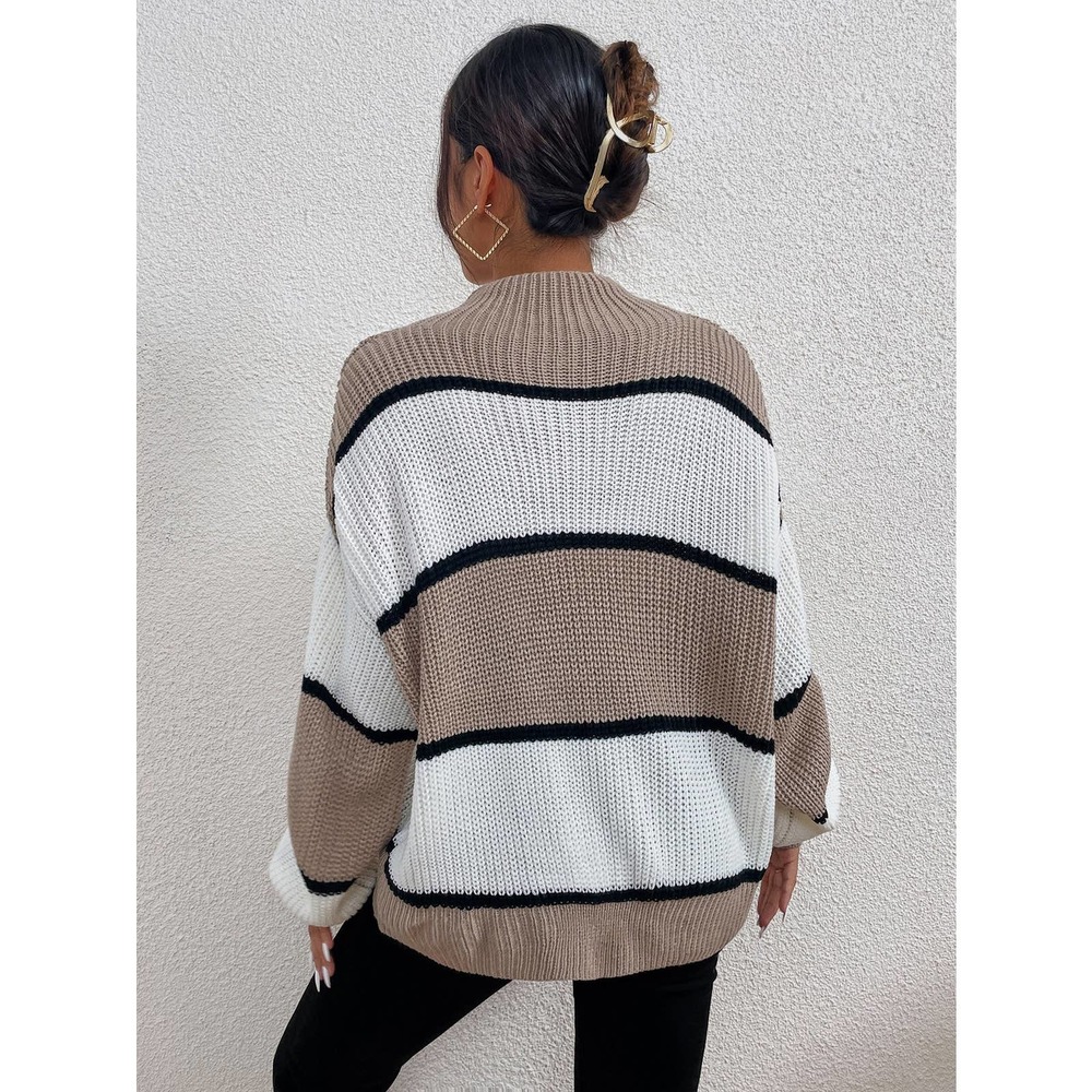 Color Block striped Mock Neck oversized Sweater tan white black - Picture 2 of 6